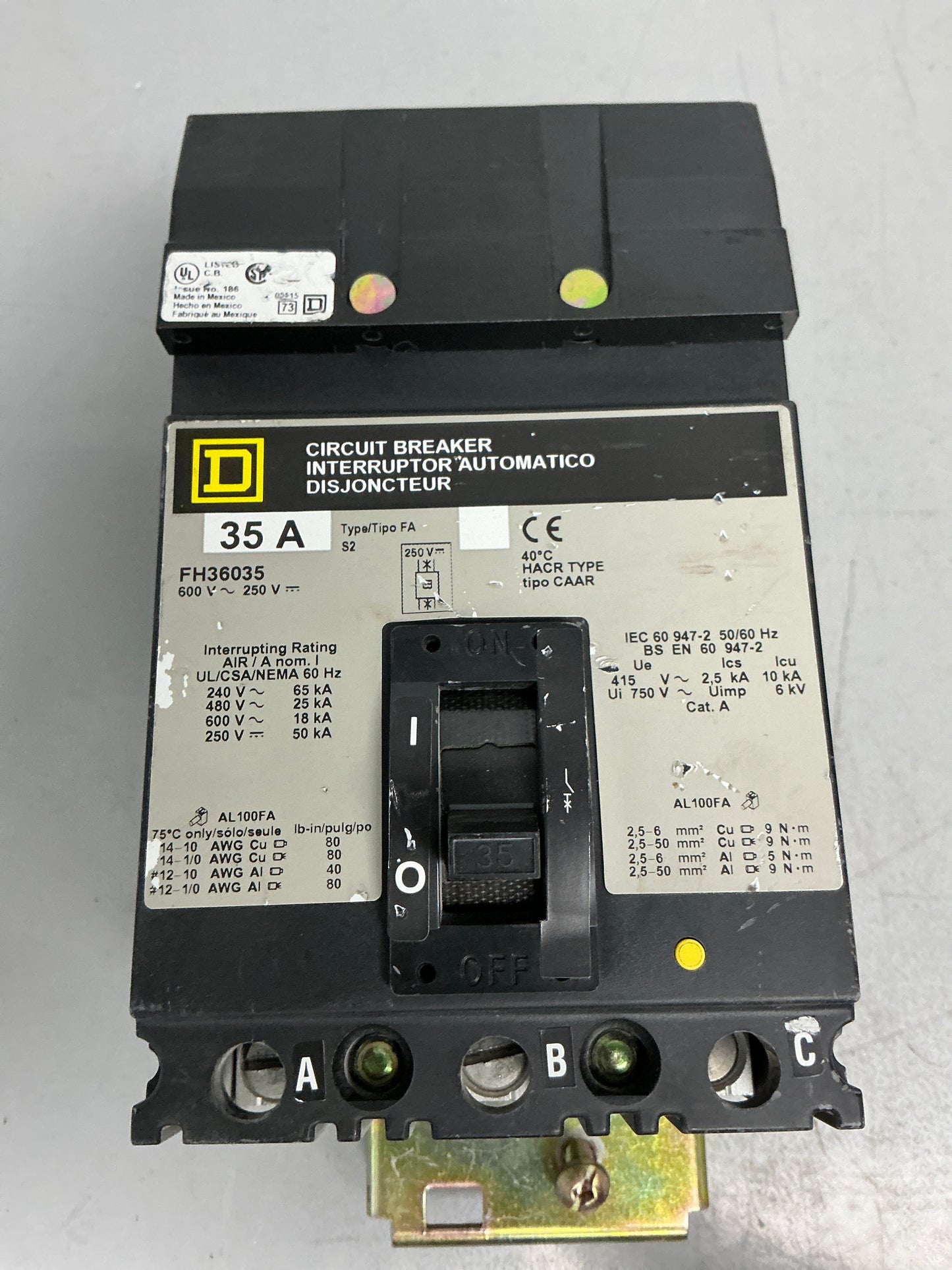 Used Square D FH36035 3 Pole, 35 Amps, 600 Volts
