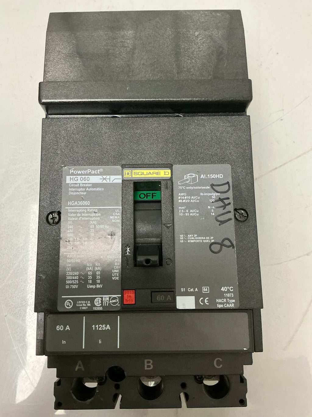 Used Square D HGA36060 3 Pole, 60 Amps, 600 Volts Circuit Breaker