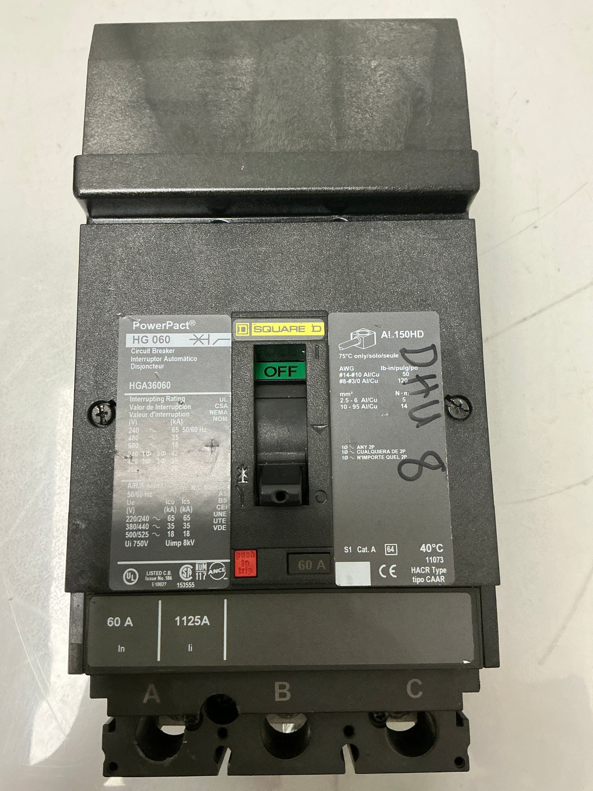 Used Square D HGA36060 3 Pole, 60 Amps, 600 Volts Circuit Breaker