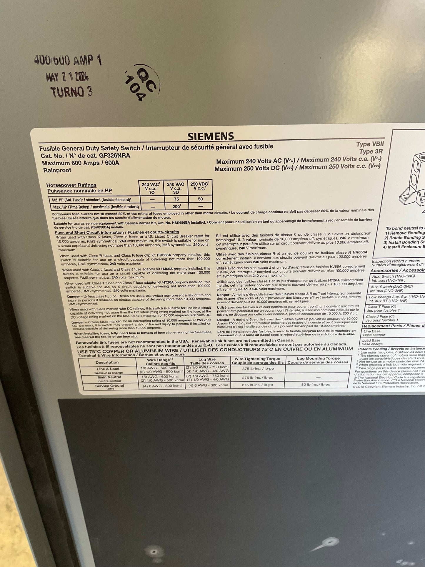 Used Siemens GF326NRA Disconnect 600 Amp 240 Volt Fusible Outdoor 3R
