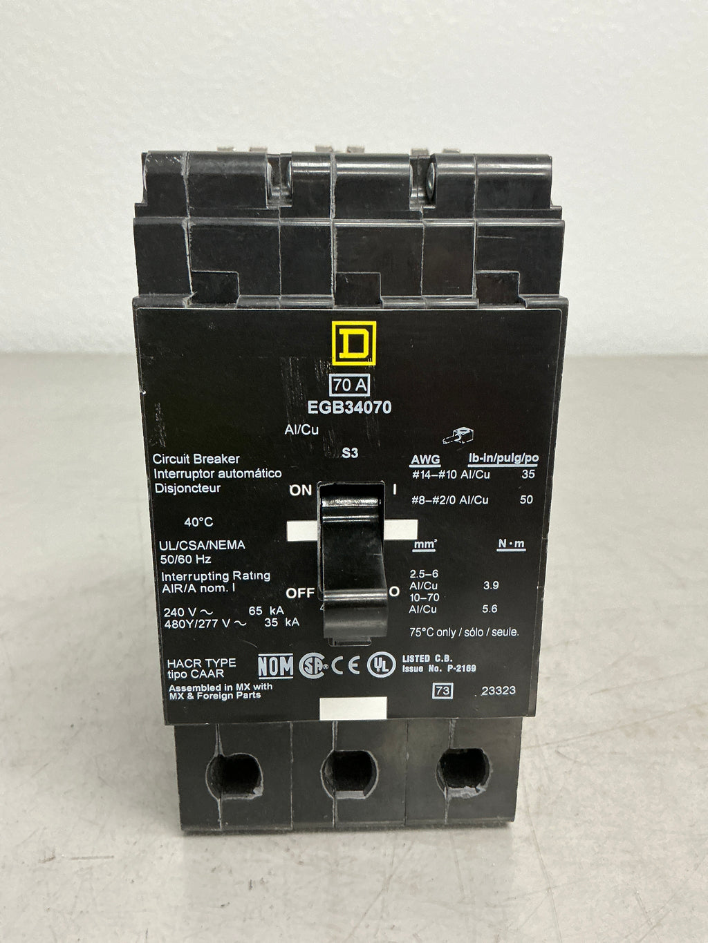Used Square D EGB34070, 3 Pole, 70 Amps, 480 Volts, Circuit Breaker
