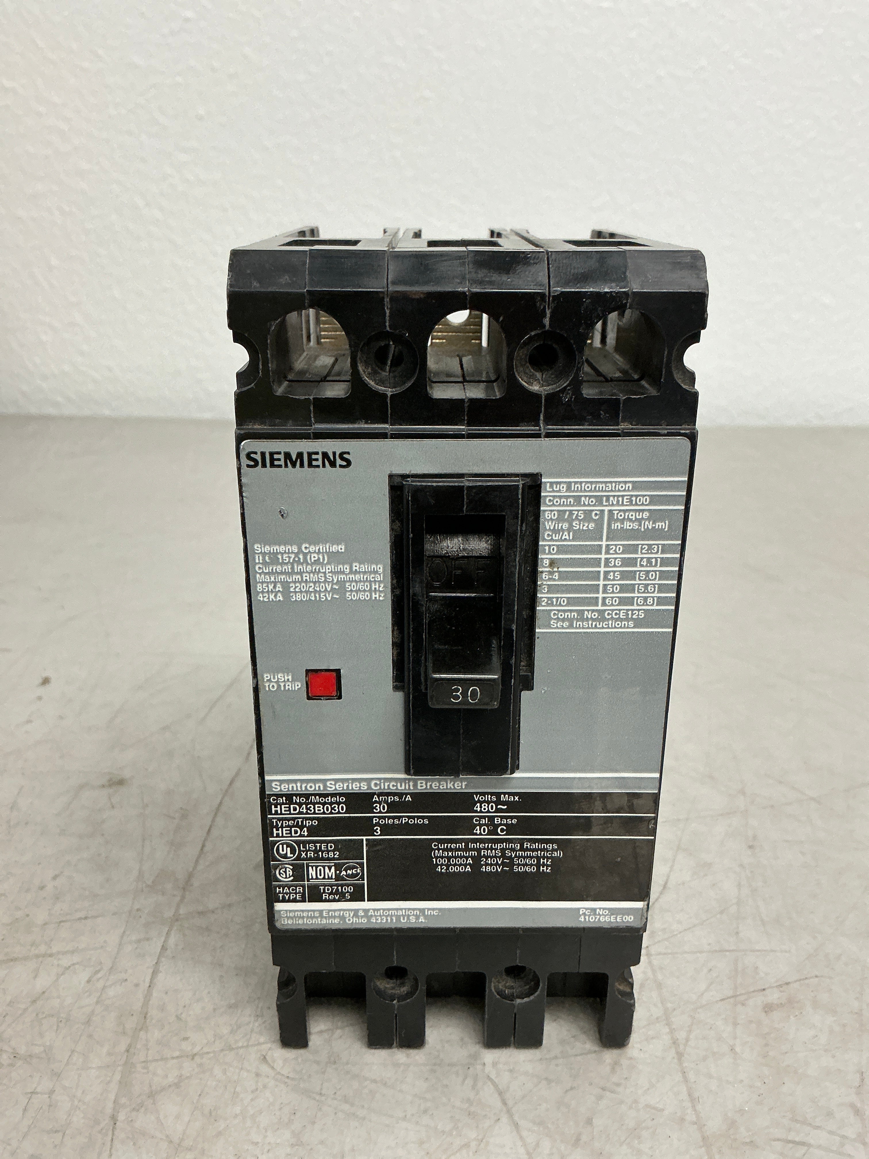Used Siemens HED43B030 3 Pole, 30 Amps, 480 Volts Circuit Breaker