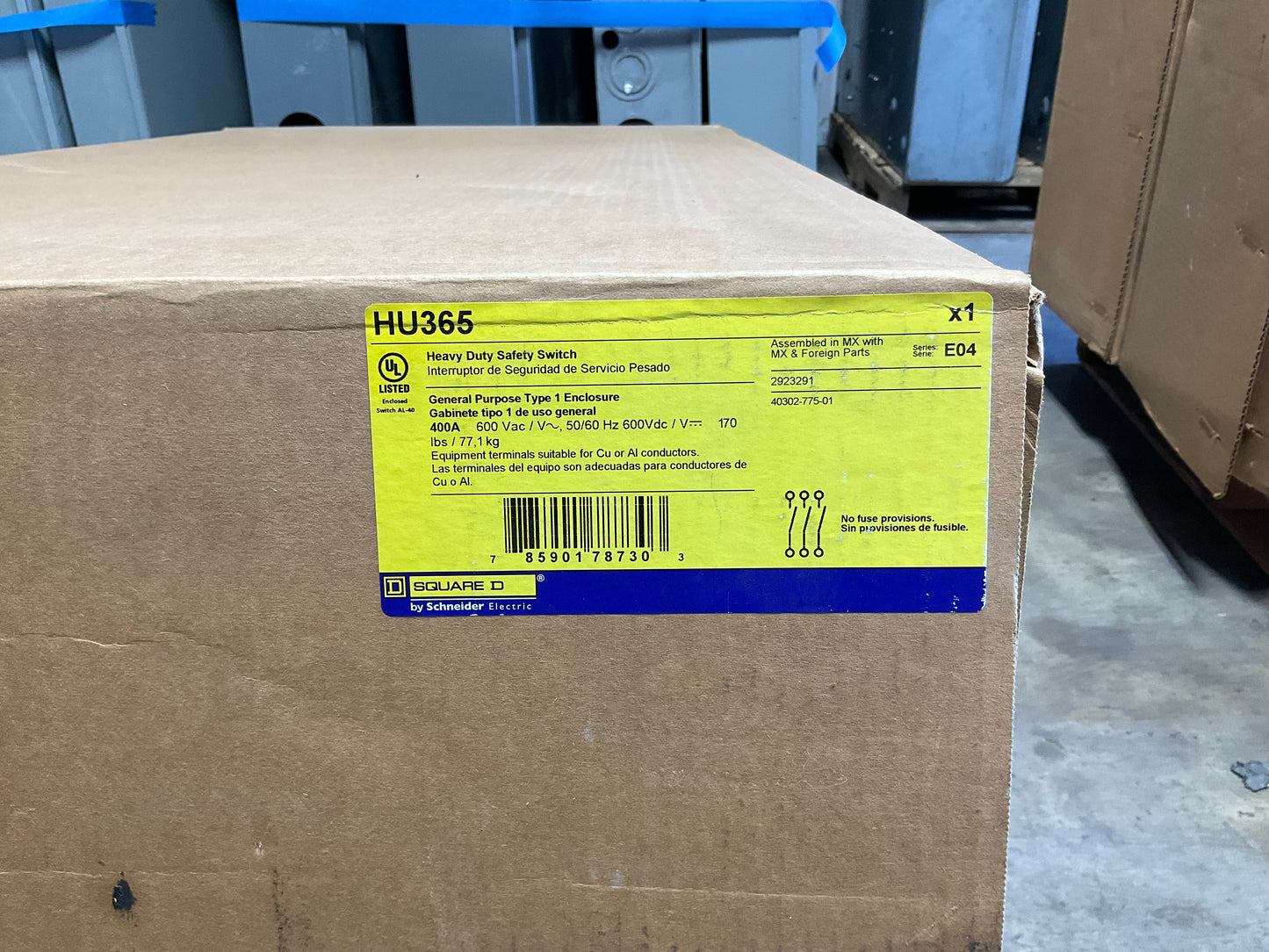 New Square D HU365 Disconnect 400 Amp 600 Volt Indoor Non Fusible
