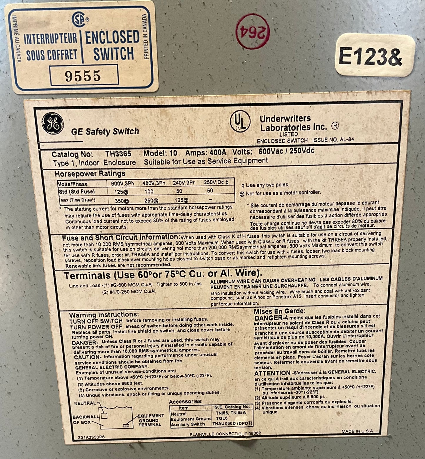Used GE TH3365 Disconnect 400 Amp 600 Volt Fusible Indoor