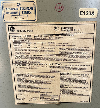 Used GE TH3365 Disconnect 400 Amp 600 Volt Fusible Indoor