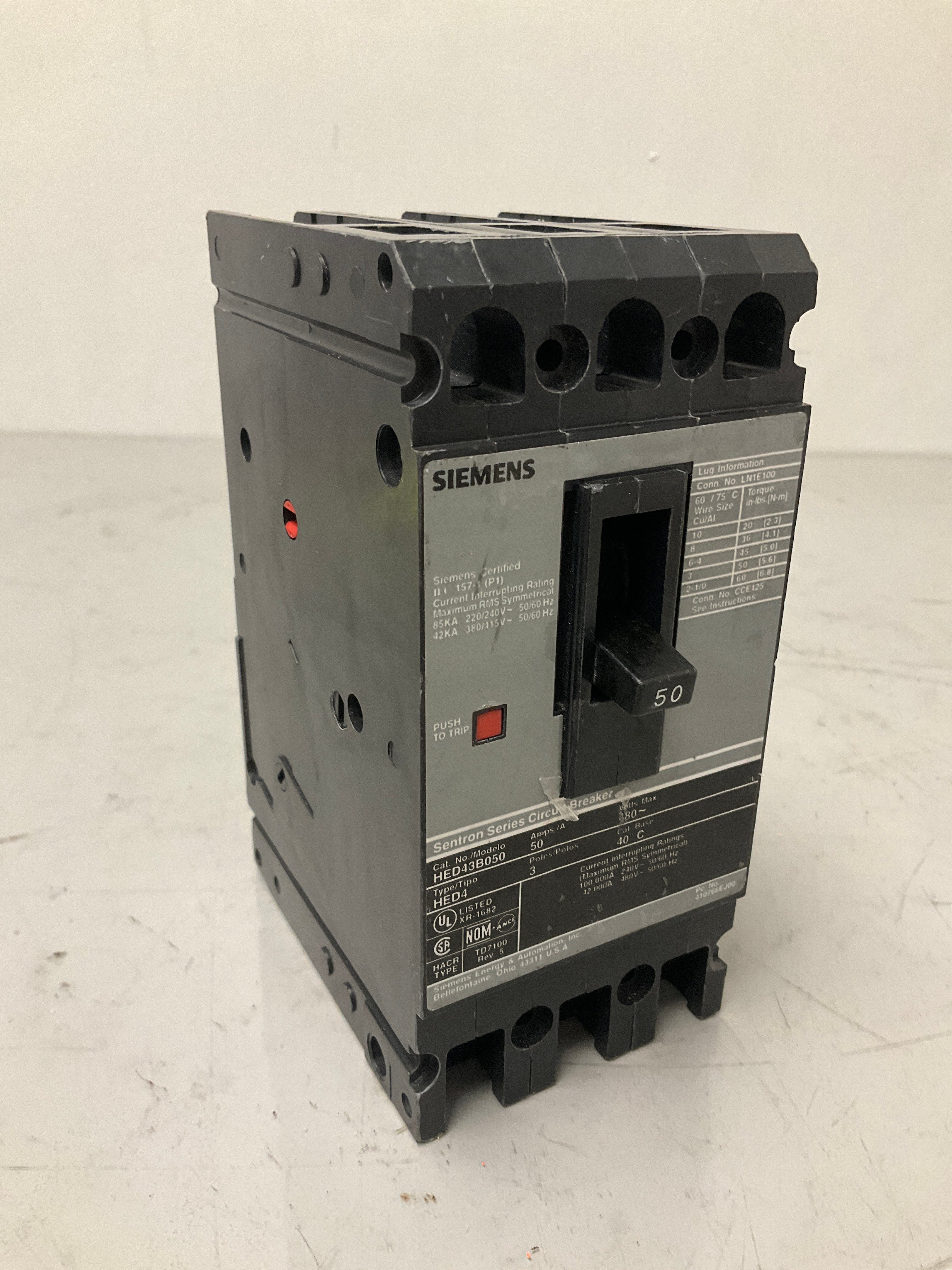 Used Siemens HED43B050 3 Pole, 50 Amps, 480 Volts Circuit Breaker