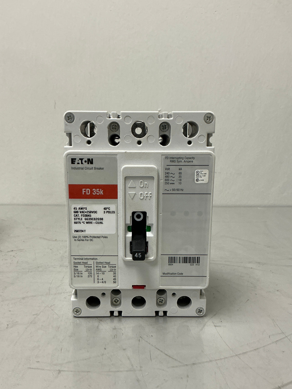 New Eaton FD3045 3Pole, 45Amps, 480 Volts  Circuit Breaker