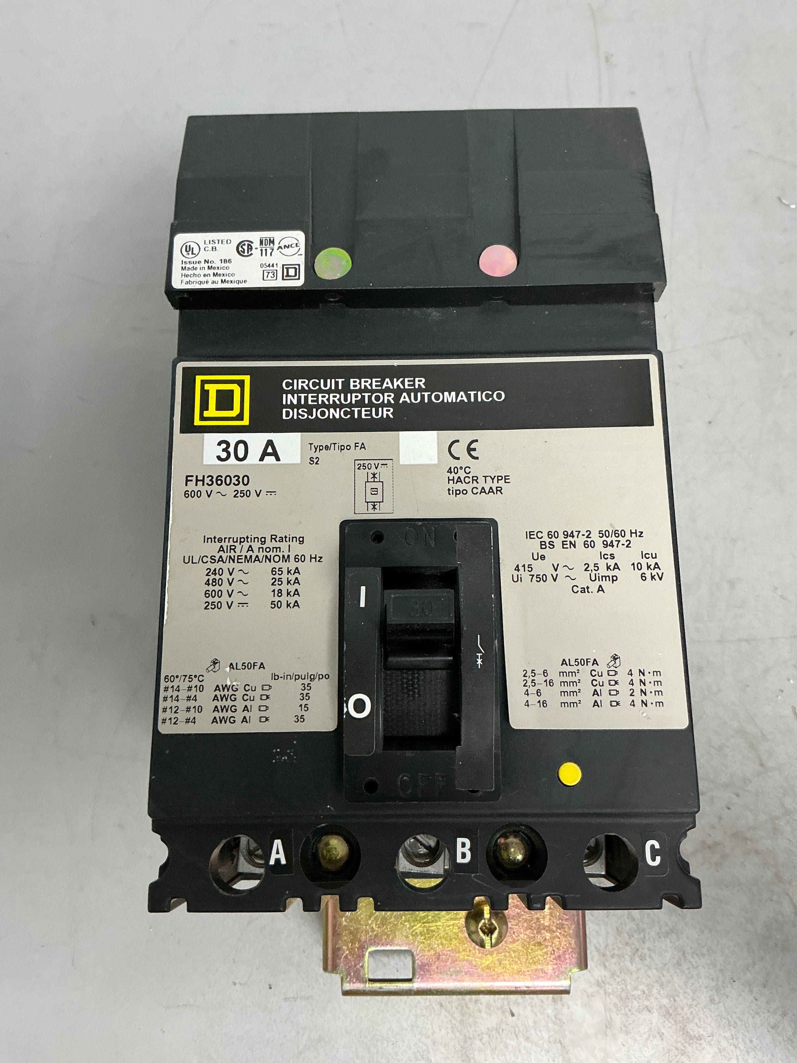 Used Square D FH36030 3 Pole, 30 Amps, 600 Volts Circuit Breaker