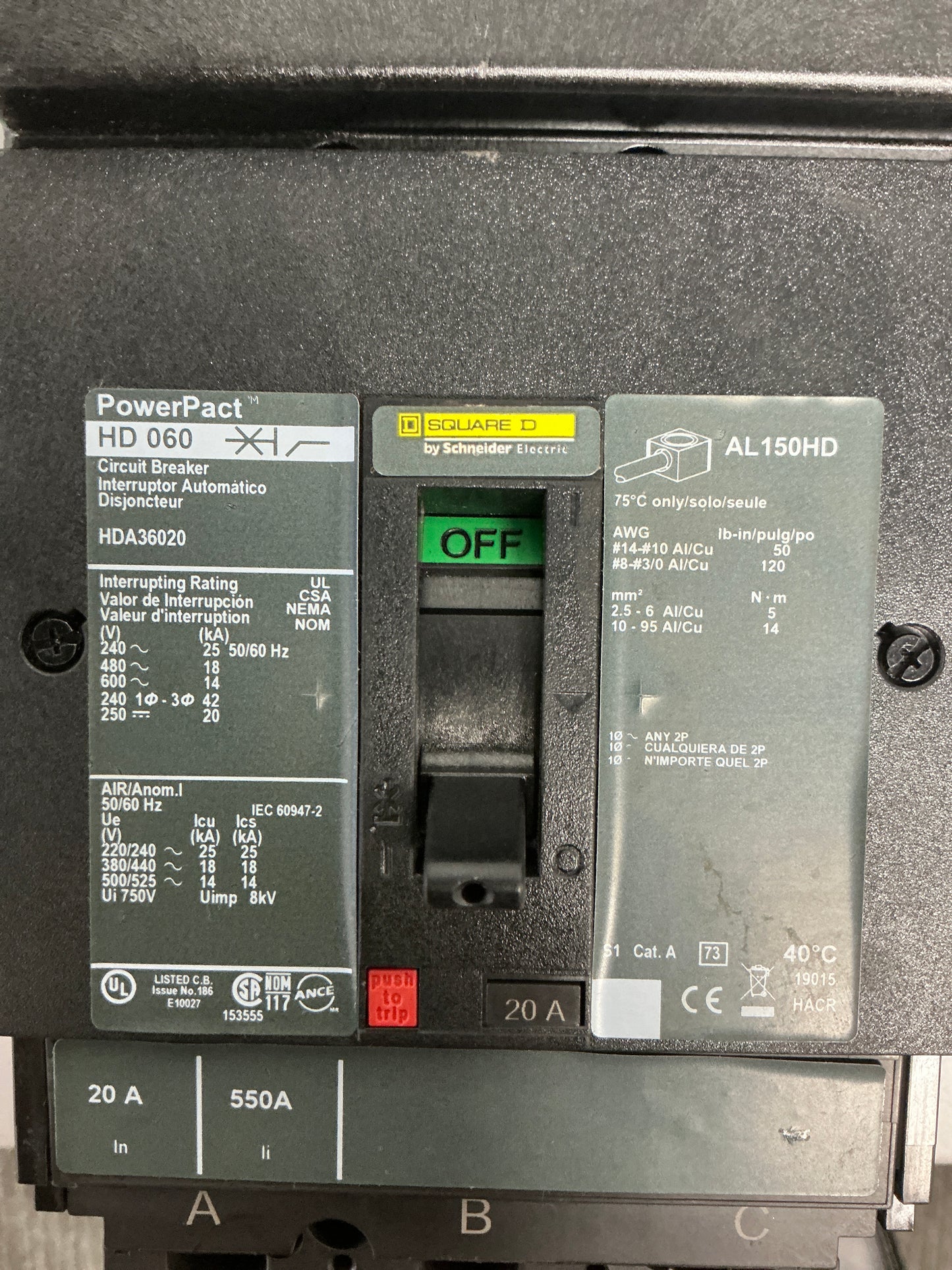 Used Square D HDA36020 3 Pole, 20 Amps, 600 Volts