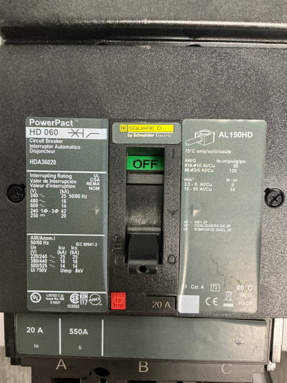Used Square D HDA36020 3 Pole, 20 Amps, 600 Volts