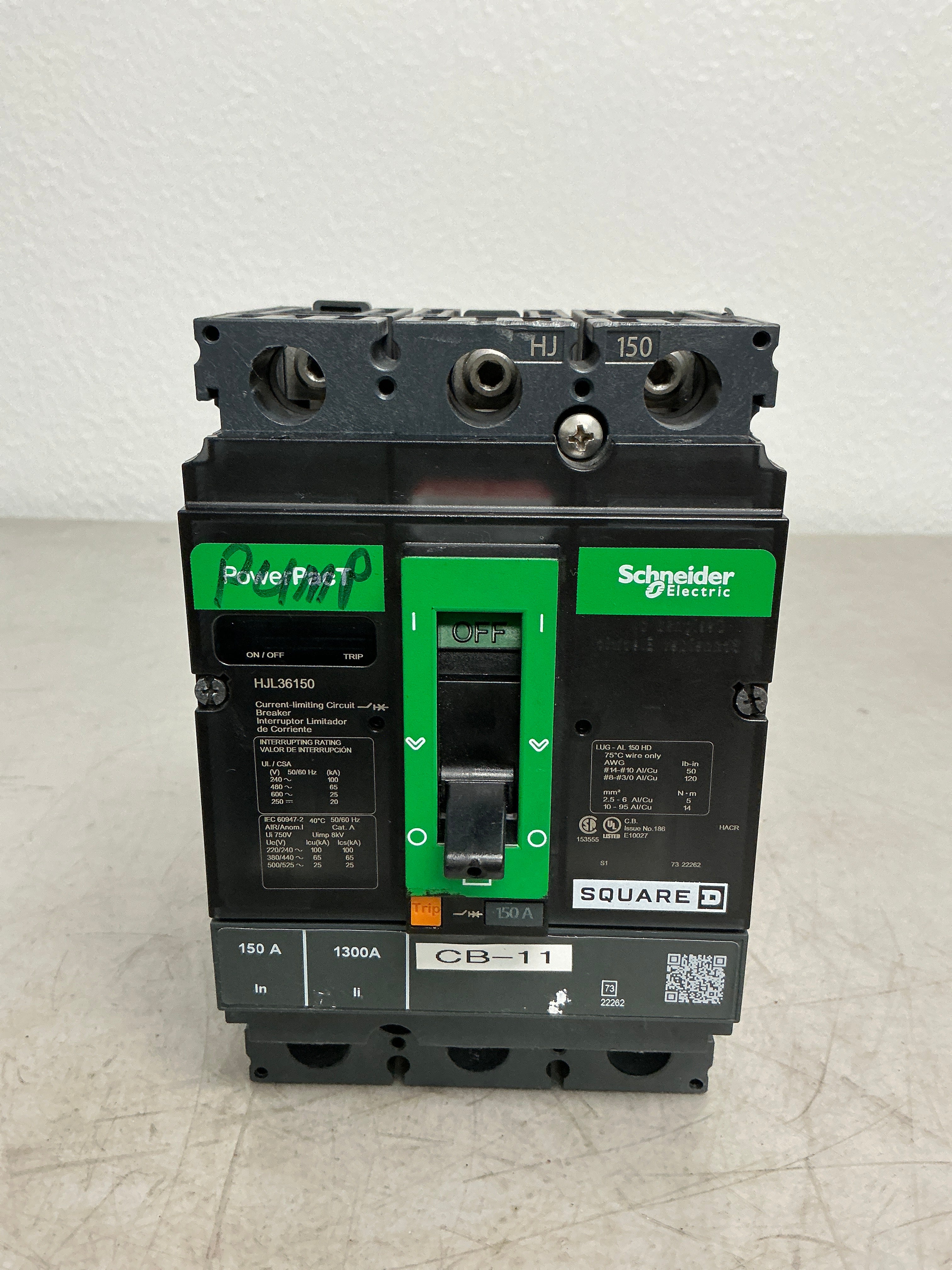 Used Square D HJL36150 3 Pole, 150 Amps, Circuit Breaker