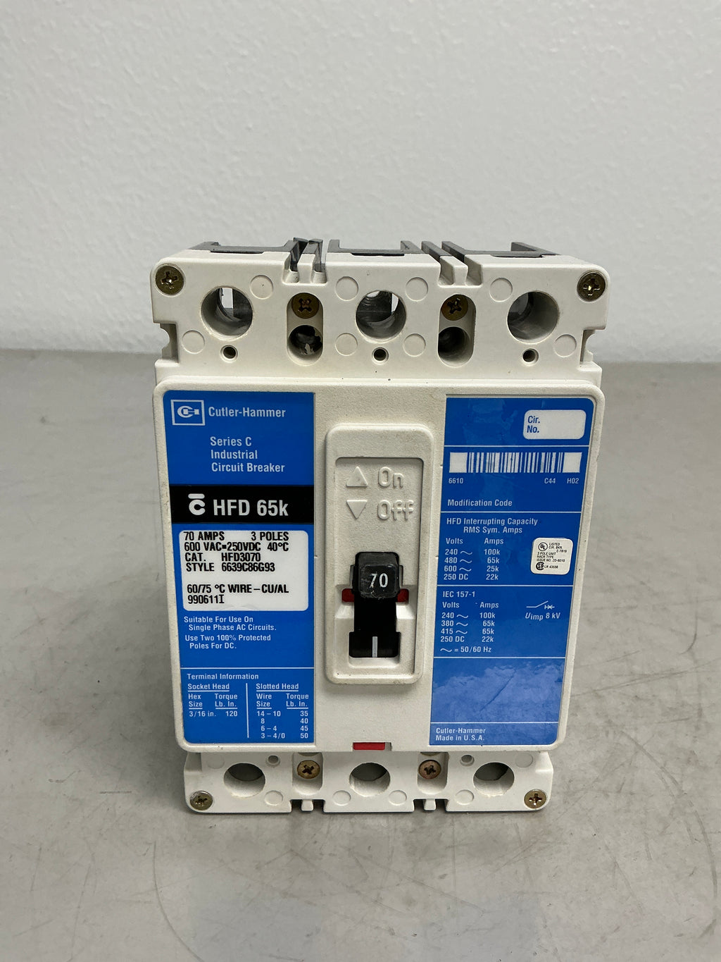 Used HFD3070 3 Pole, 70 Amps, 480 Volts