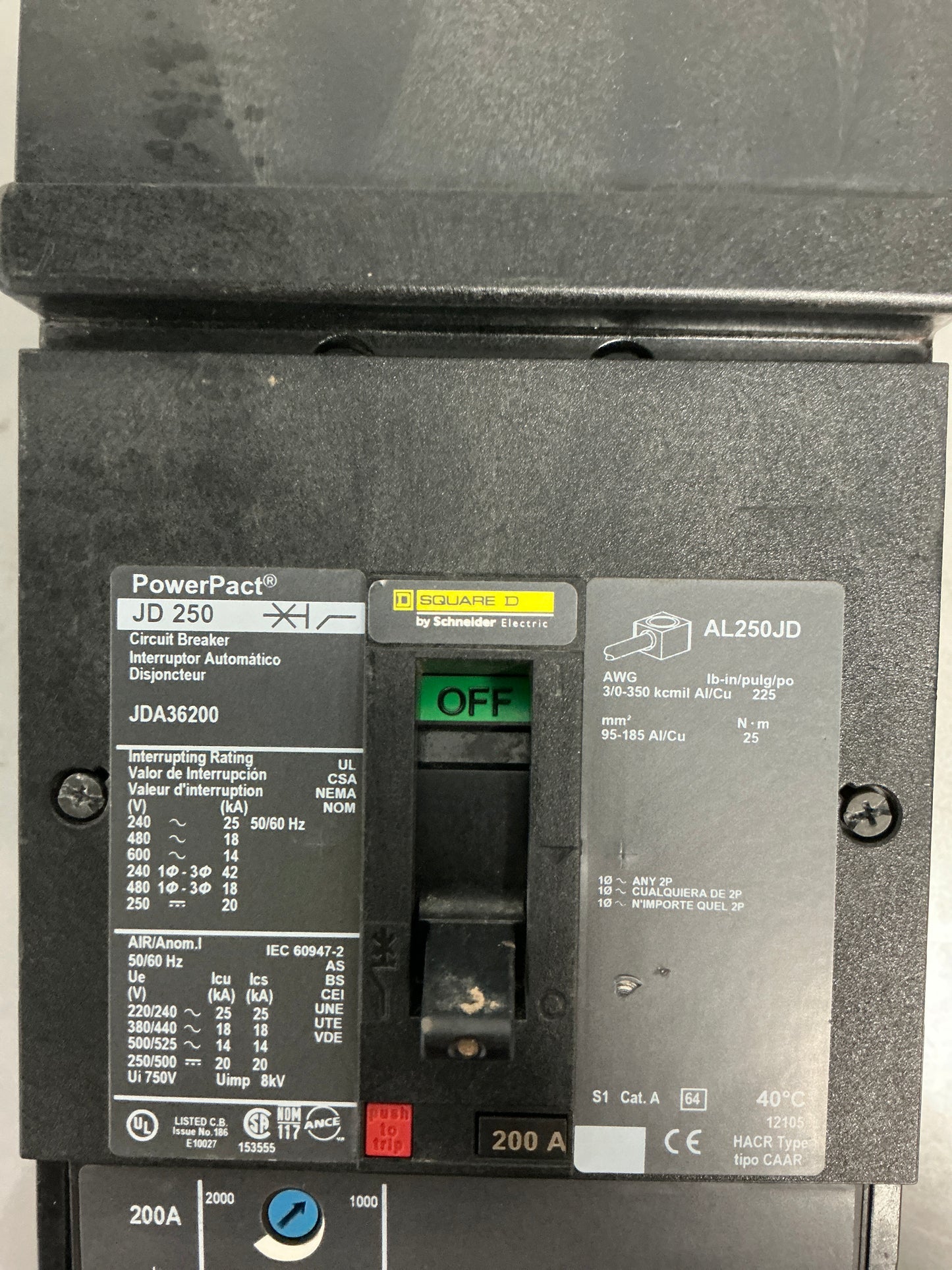 Used Square D JDA36200 3 Pole, 200 Amps, 600 Volts