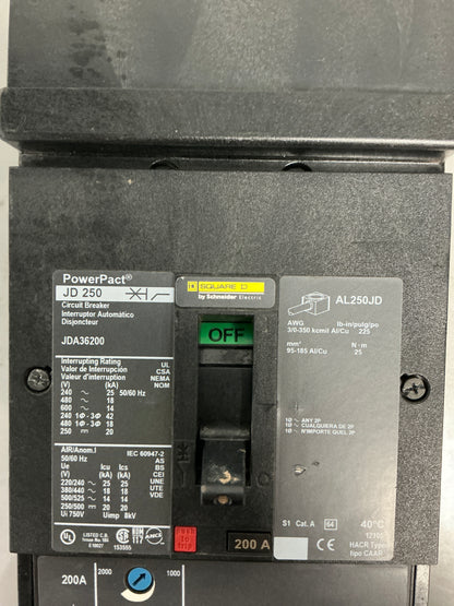 Used Square D JDA36200 3 Pole, 200 Amps, 600 Volts
