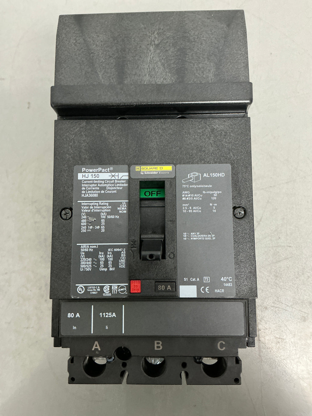 Used Square D HJA36080 3 Pole, 80 Amps, 600 Volts Circuit Breaker