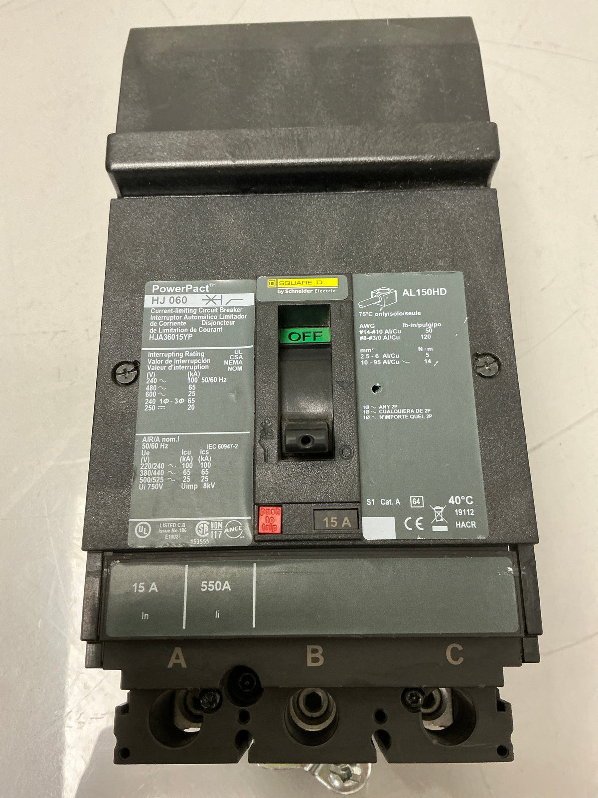 New Square D HJA36015YP 3 Pole, 15 Amps,  600 Volts Circuit Breaker