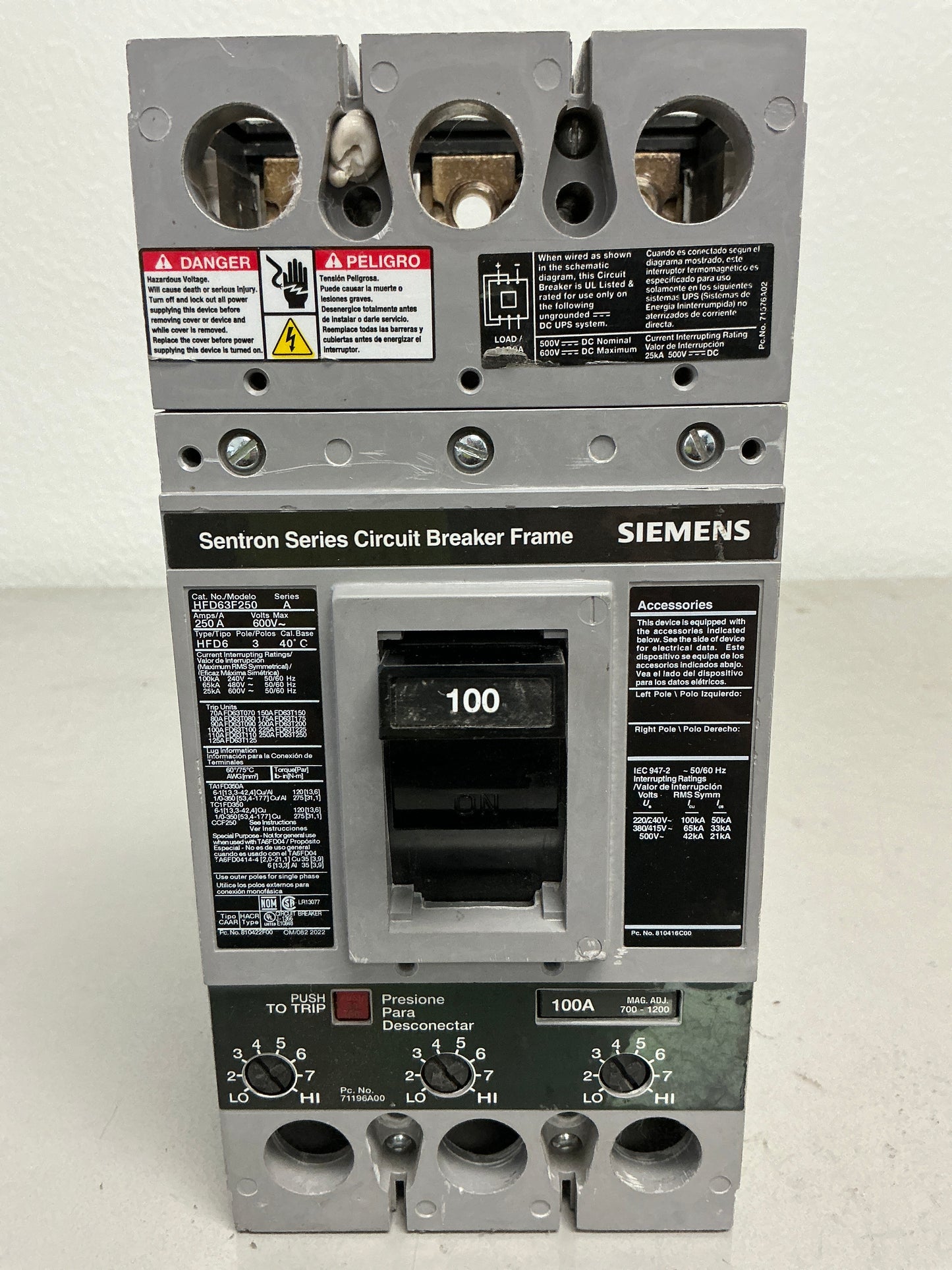 Used HFD63B100 600 Volts, 100 Amps, 3 Poles Breaker