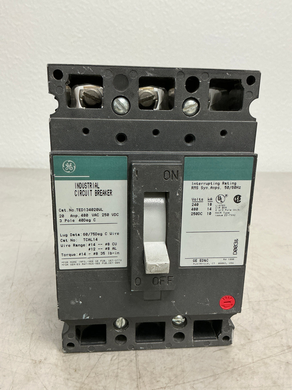 Used TED134020WL 3 Pole, 20 Amps, 480 Volts Circuit Breaker