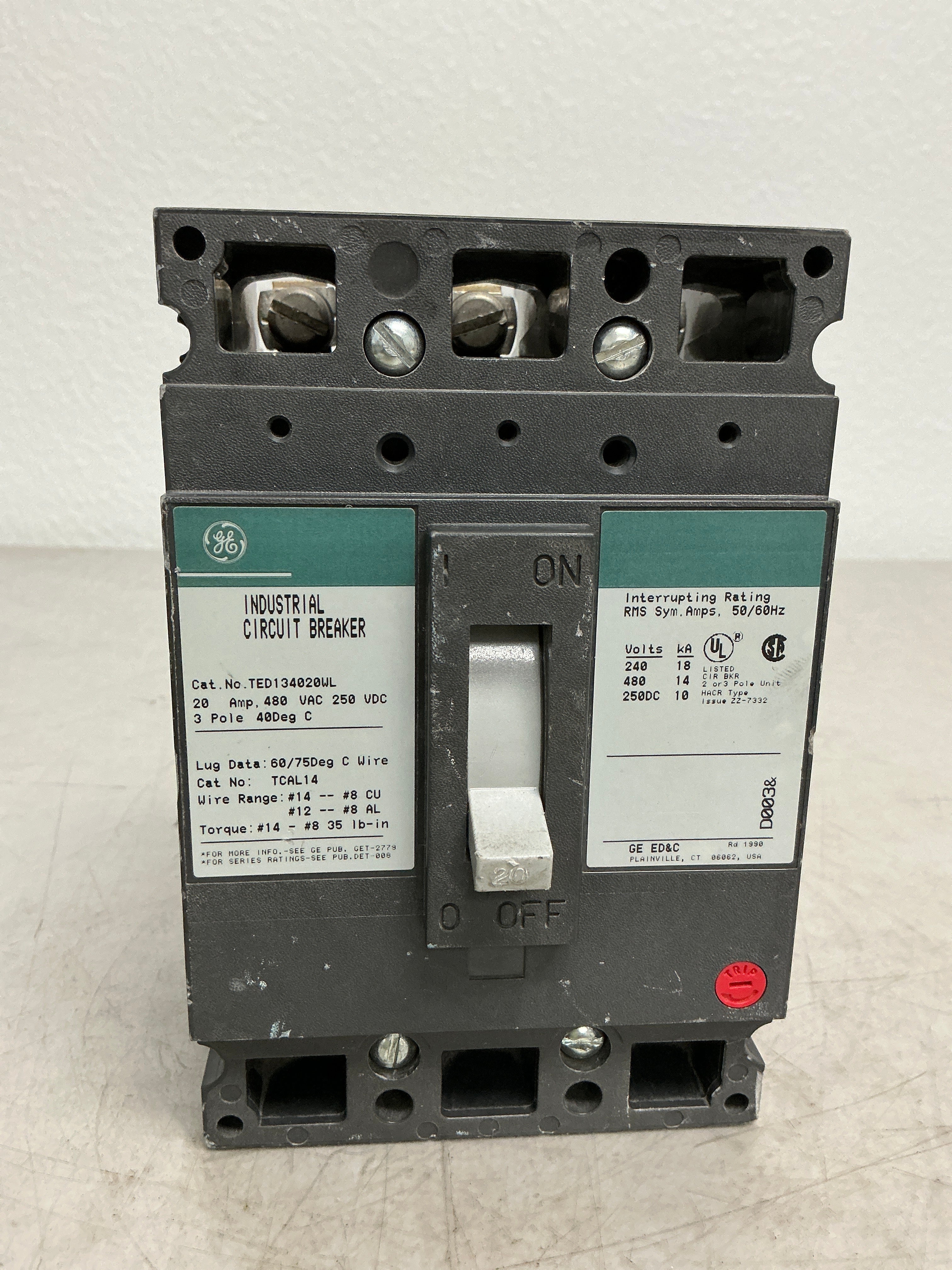 Used TED134020WL 3 Pole, 20 Amps, 480 Volts Circuit Breaker