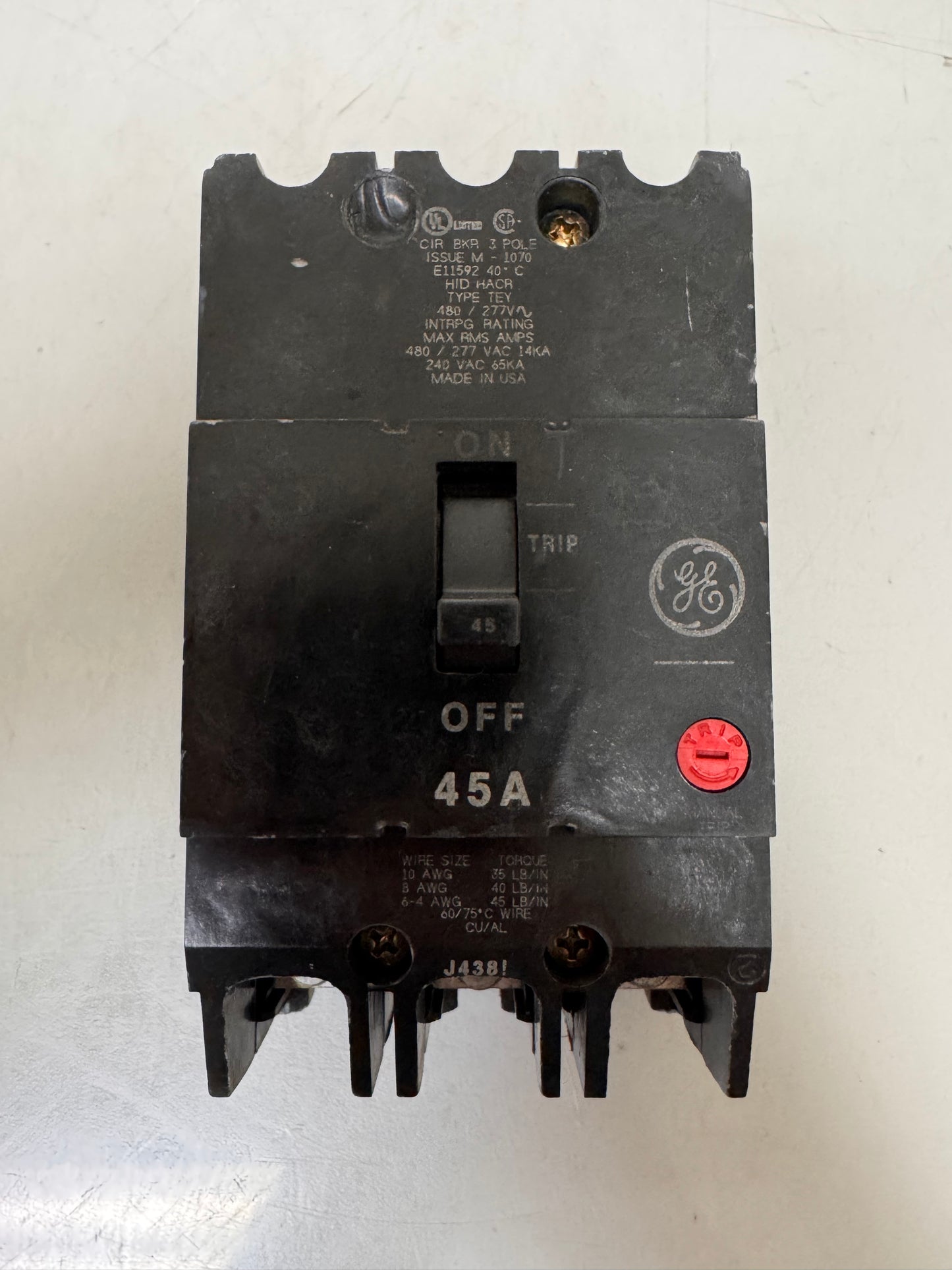 Used General Electric TEY345 45 Amp, 3 Pole, 480 Volt Breaker