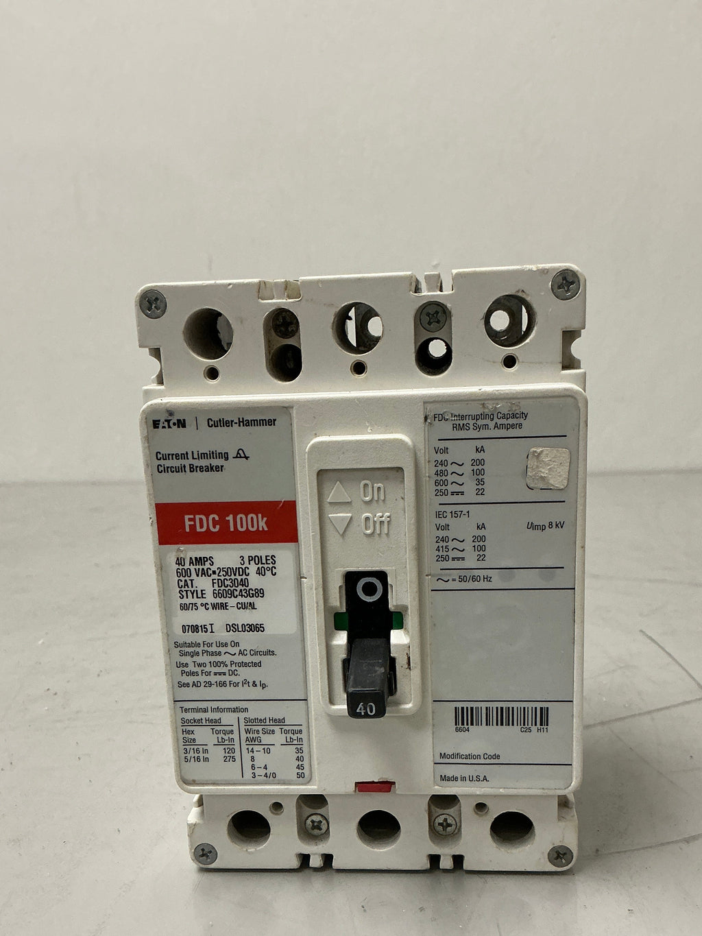 Used Eaton FDC3040 3 Poles, 40 Amps, 600 Volts Circuit Breaker
