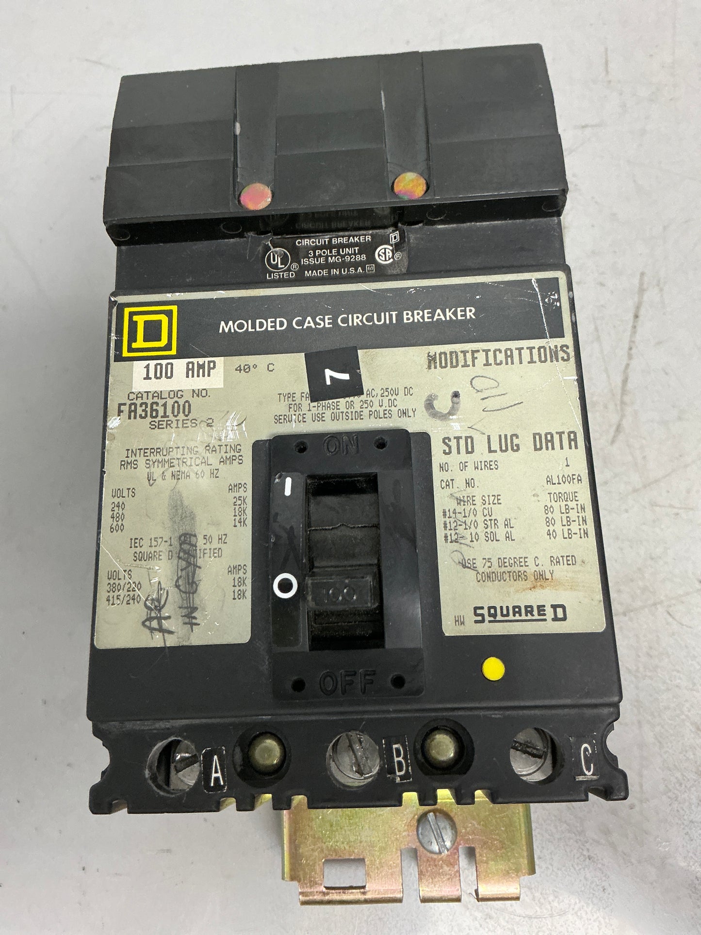 Used Square D FA36100 3 Pole, 100 Amps, 600 Volts