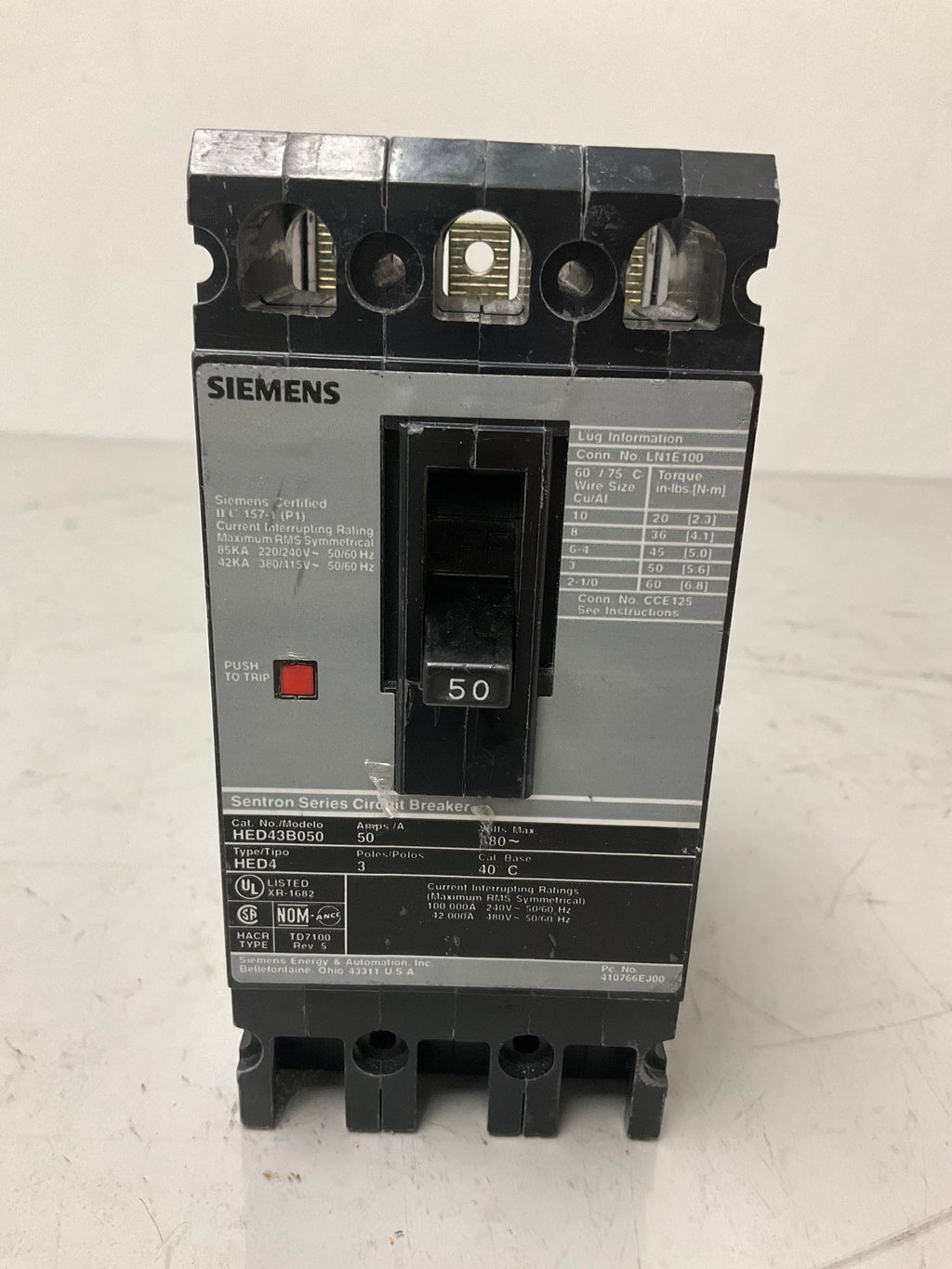 Used Siemens HED43B050 3 Pole, 50 Amps, 480 Volts Circuit Breaker