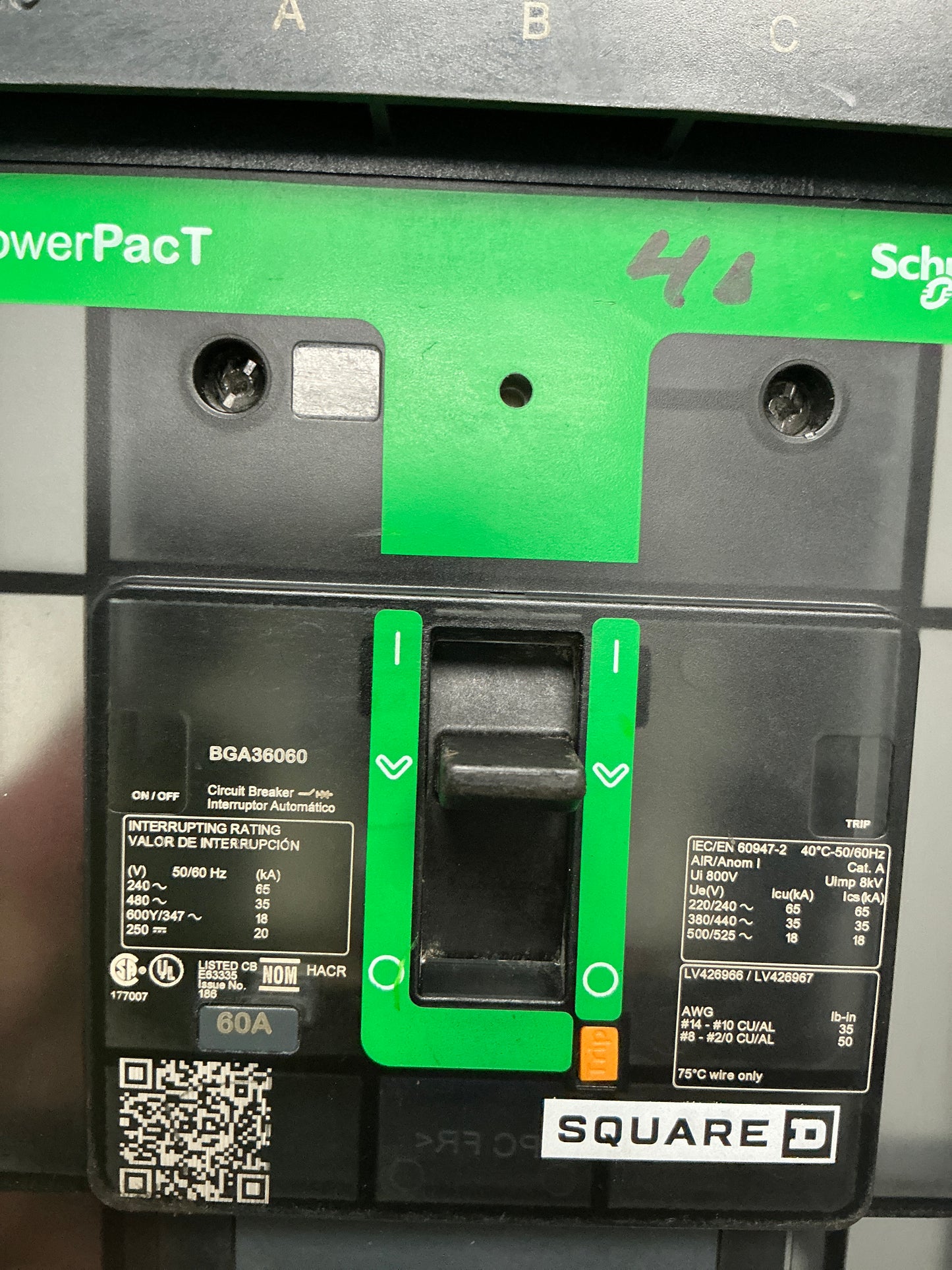 Used Square D BGA36060 3 Pole, 480 Volts, 60 Amps