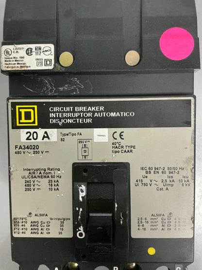 *CHIPPED* Used Square D FA34020 3 Pole, 20 Amps, 480 Volts