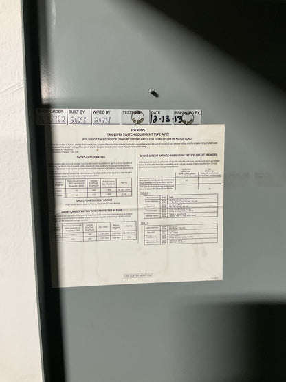 Used GE 600 Amp Non-Automatic Transfer Switch