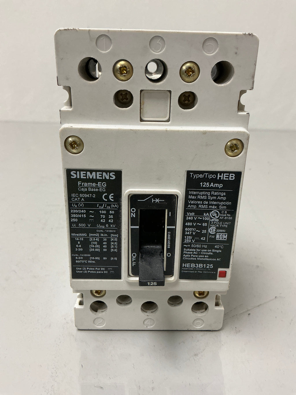 Used Siemens HEB3B125 3 Pole, 125 Amps, 600 Volts Circuit Breaker