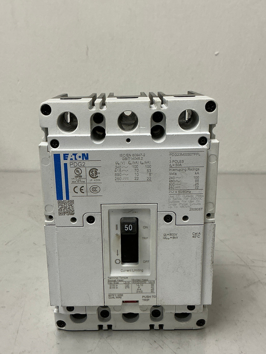Used Eaton PDG23M0050TFFL 3Pole, 50 Amps,  Circuit Breaker