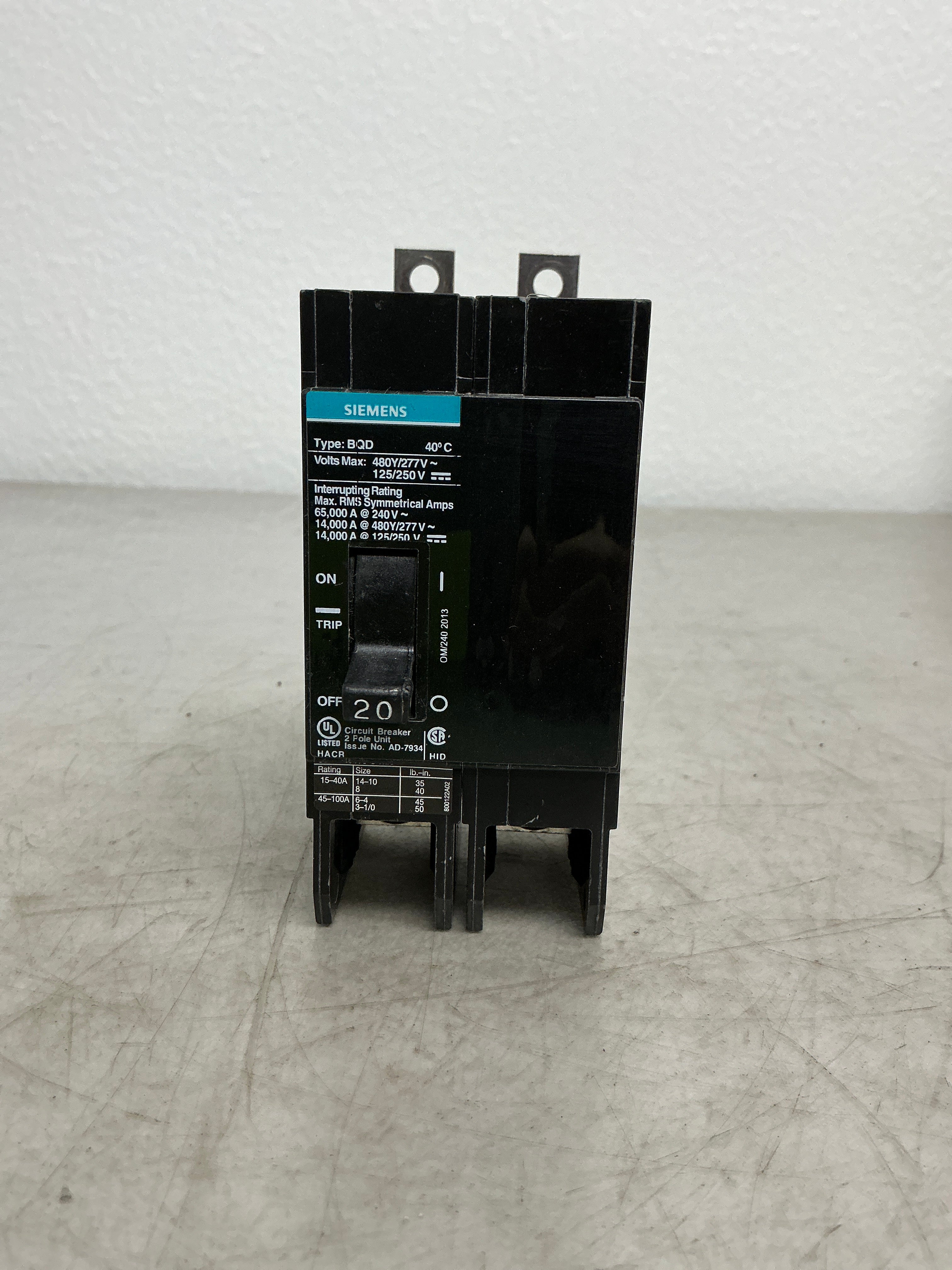 New Siemens BQD220 2 Pole, 20 Amps, 480Y/277 Volts Circuit Breaker