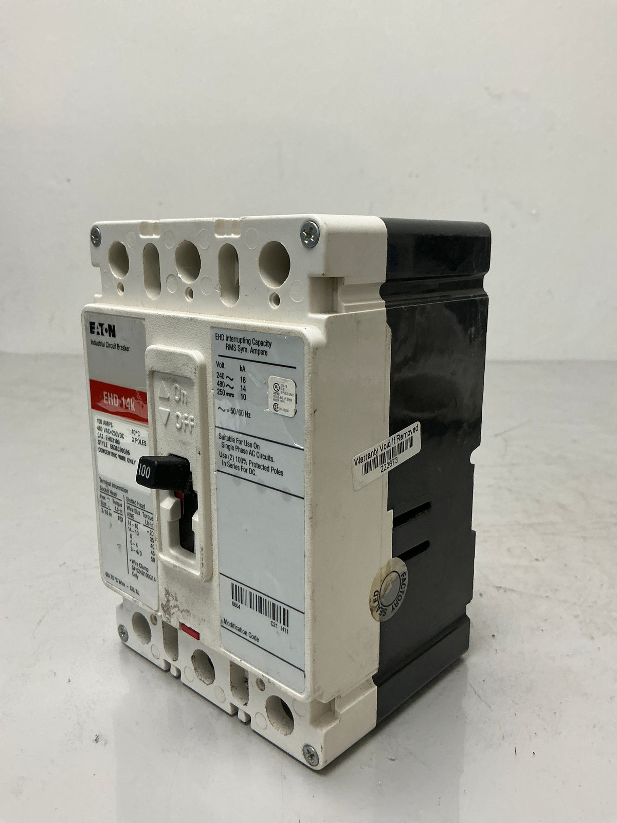 Used Eaton EHD3100 3 Pole, 100 Amps, 480 Volts Circuit Breaker