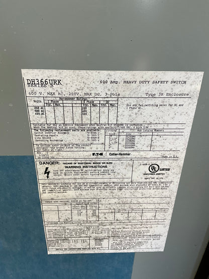 New Eaton DH366URK Disconnect 600 Amp 600 Volt Non Fusbile Outdoor