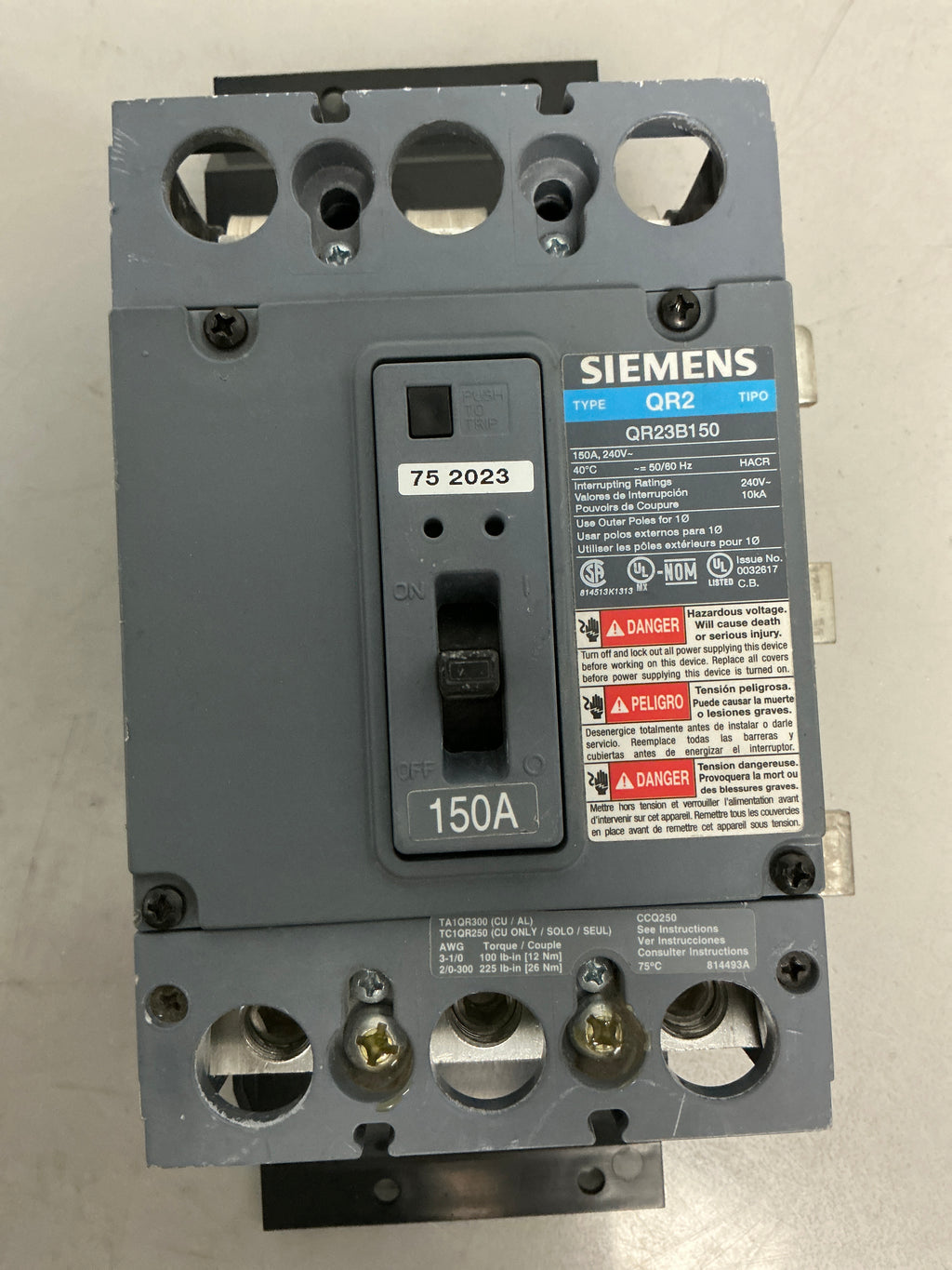 Used QR23B150 150 Amp 240 Volt 3 Pole Breaker With Main Breaker Kit