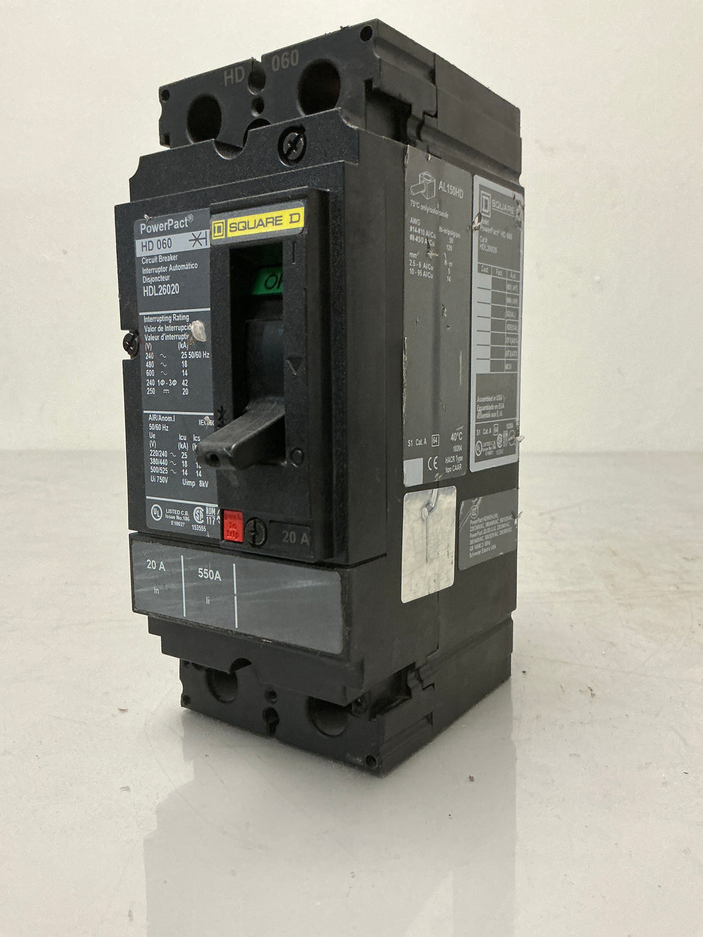 Used Square D HDL26020 2 Pole, 20 Amps, 600 Volts Circuit Breaker