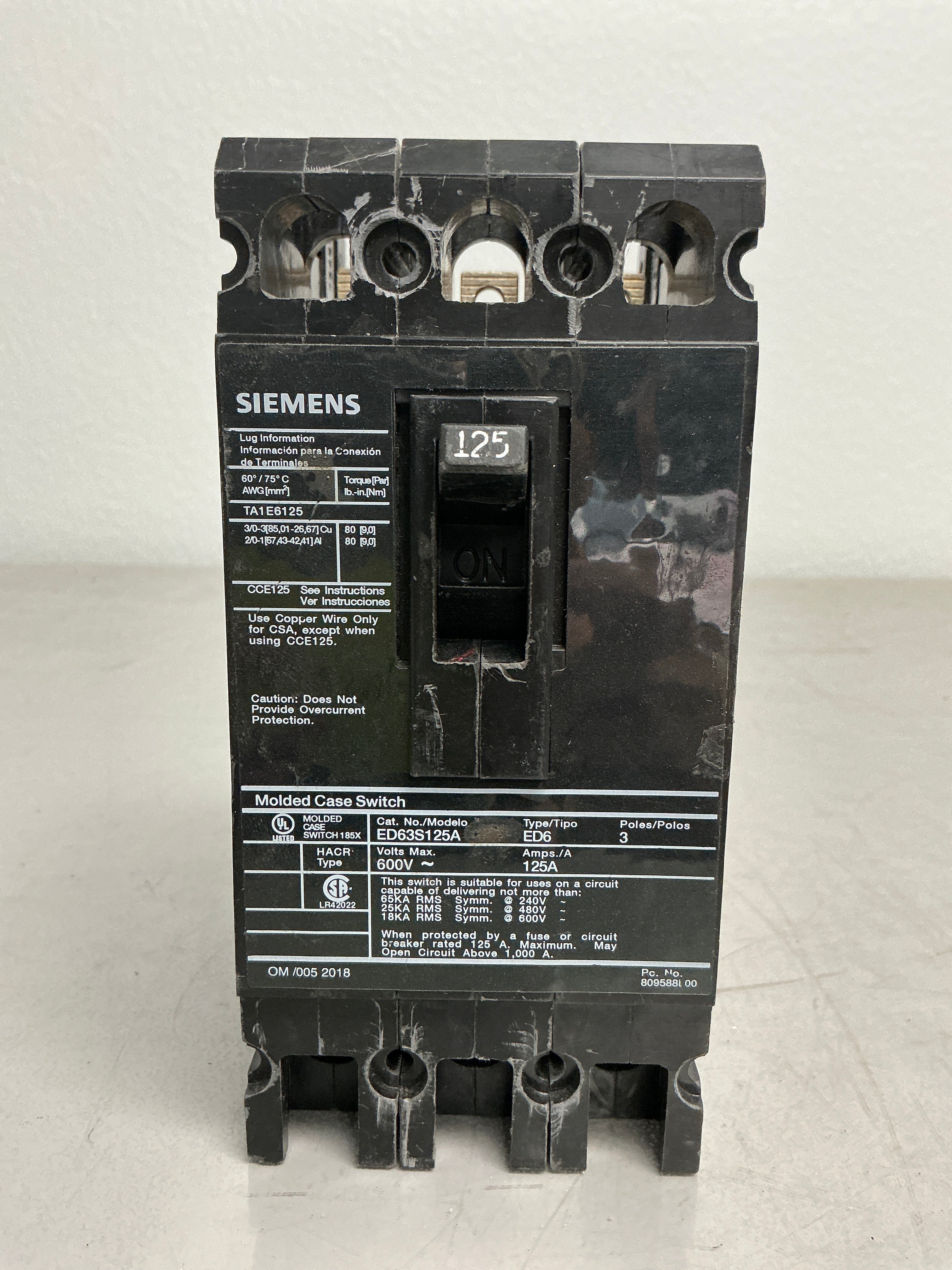 Used Siemens ED63S125A 3 Pole, 125 Amps, 600 Volts