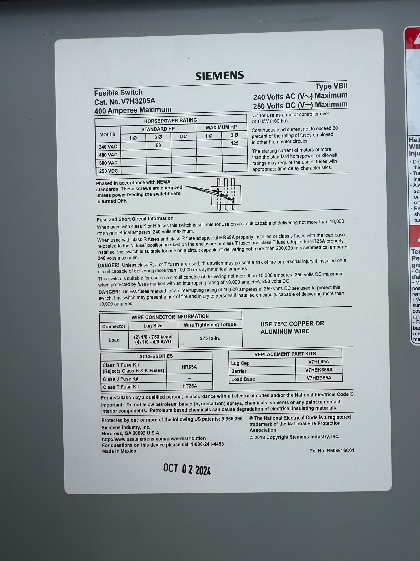 New V7H3205A 3 Pole, 400 Amps, 240 Volts
