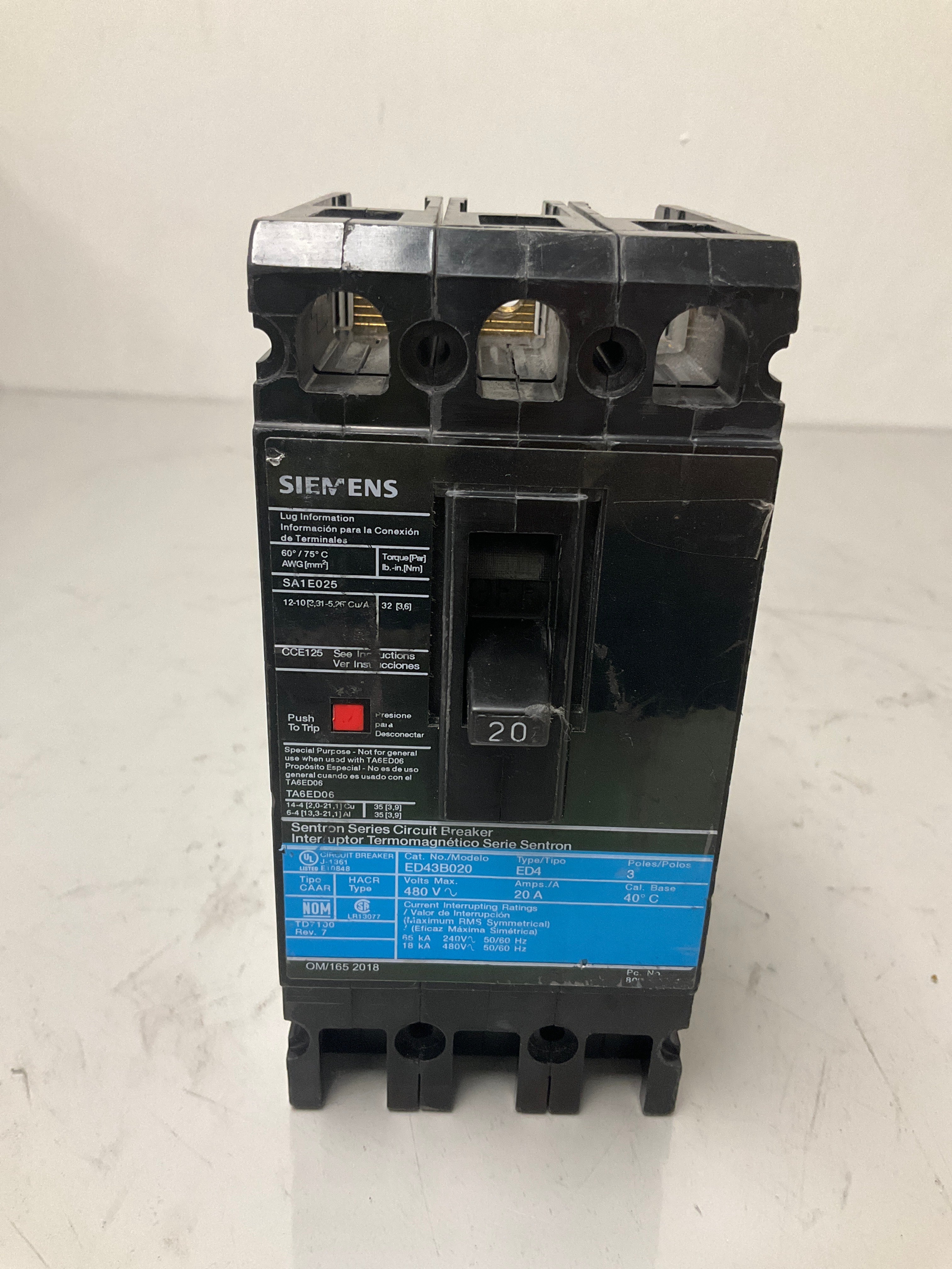 Used Siemens ED43B020 3 Pole,  20 Amps, 480 Volts Circuit Breaker