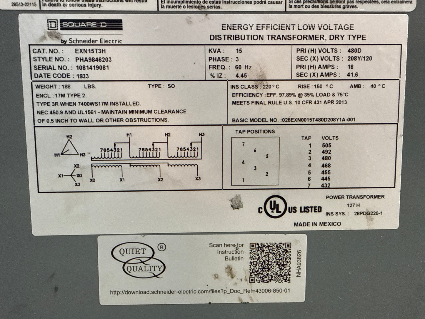 15 KVA  Square D Transformer, Primary 480, Seconday 208/120 Volts (item#t3)