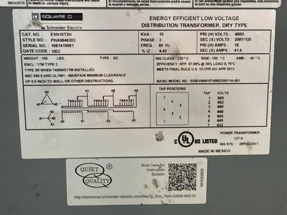 15 KVA  Square D Transformer, Primary 480, Seconday 208/120 Volts (item#t3)