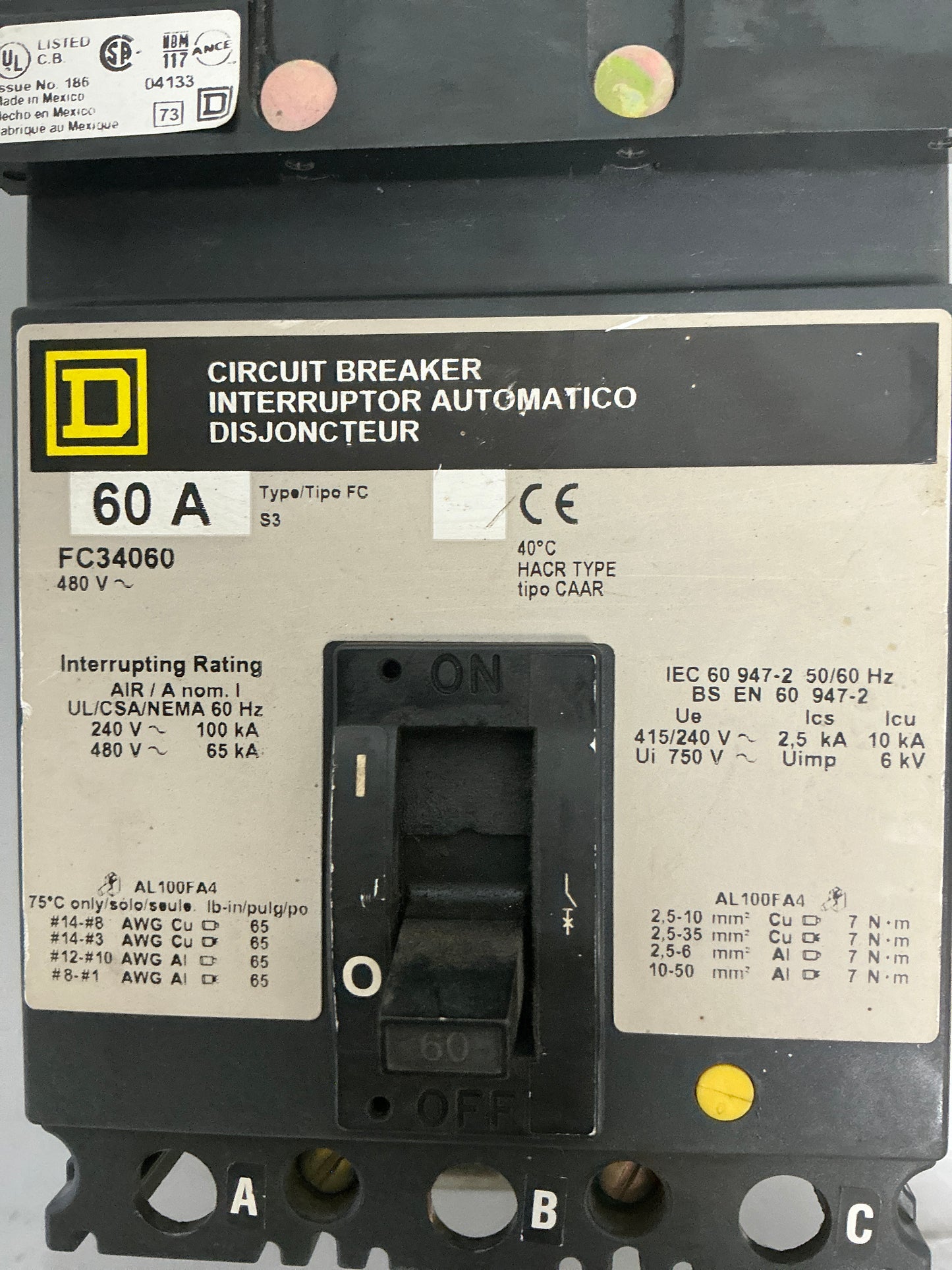 Used Square D FC34060 3 Pole, 60 Amps, 480 Volts