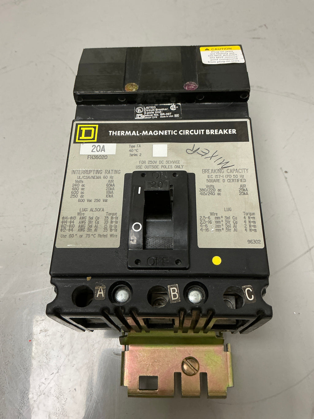 Used Square D FH36020 3 Pole, 20 Amps, 600 Volts Circuit Breaker