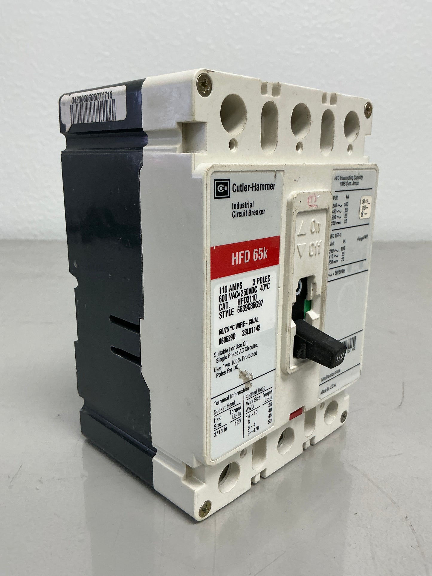 Used HFD3110 110 Amps, 3 Poles, 600 Vac, Breaker