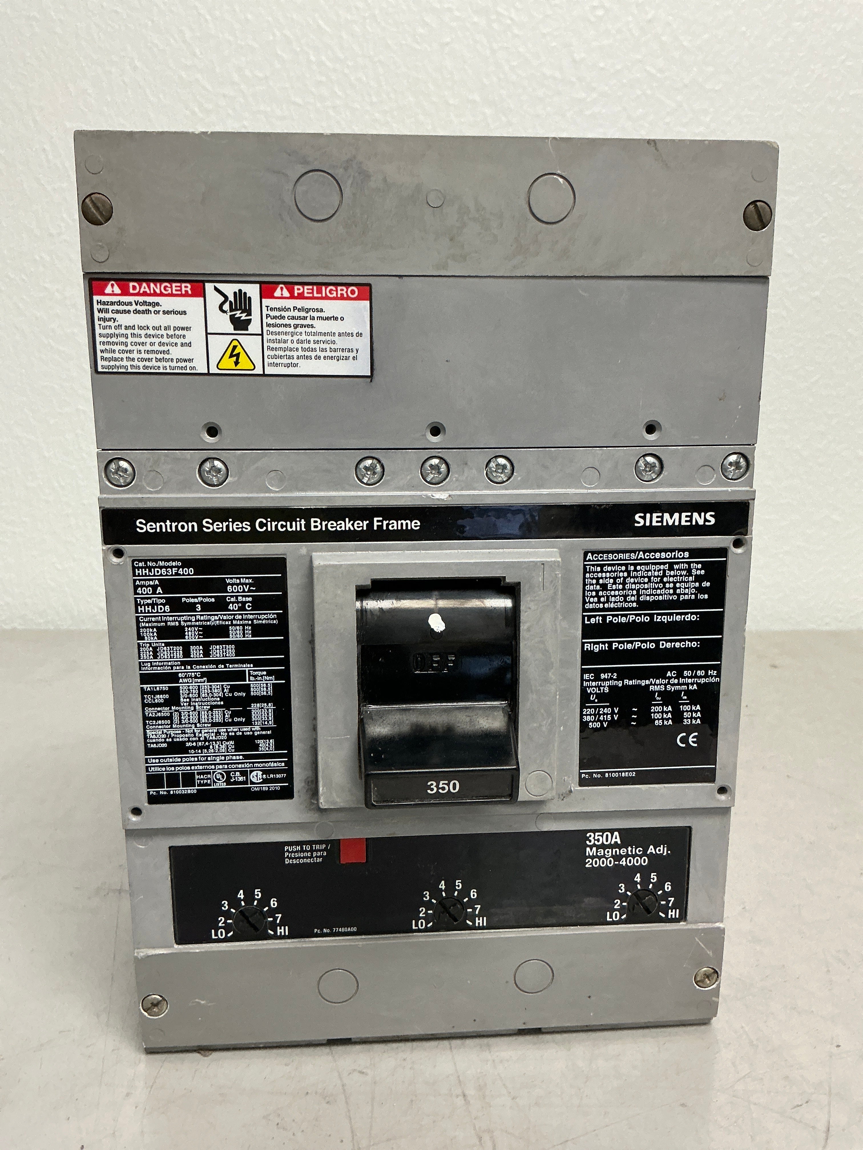 Used Siemens HHJD63B350 3 Pole, 350 Amps, 600 Volts