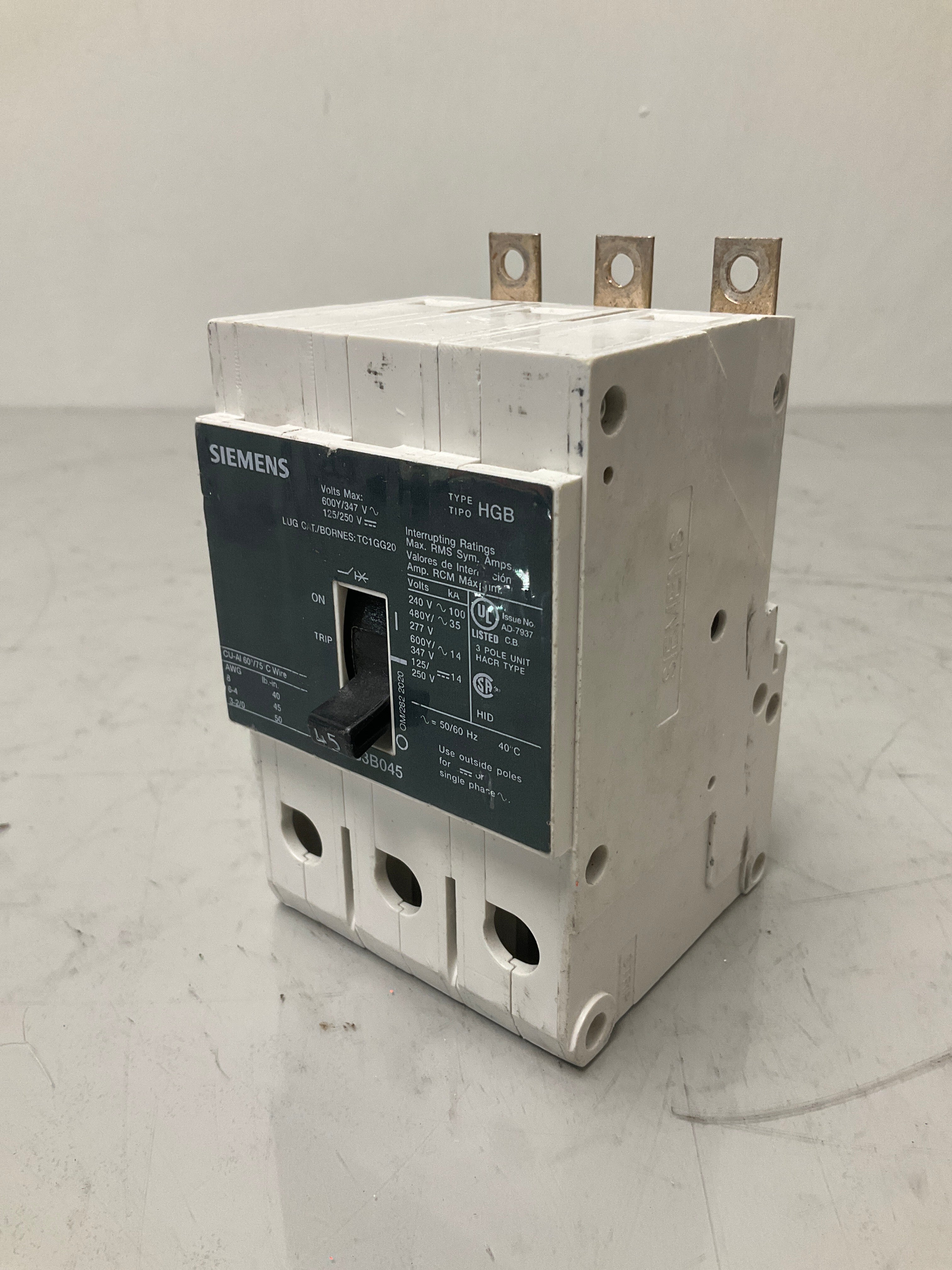 Used Siemens HGB3B045 3 Pole, 45 Amps, 480 Volts Circuit Breaker