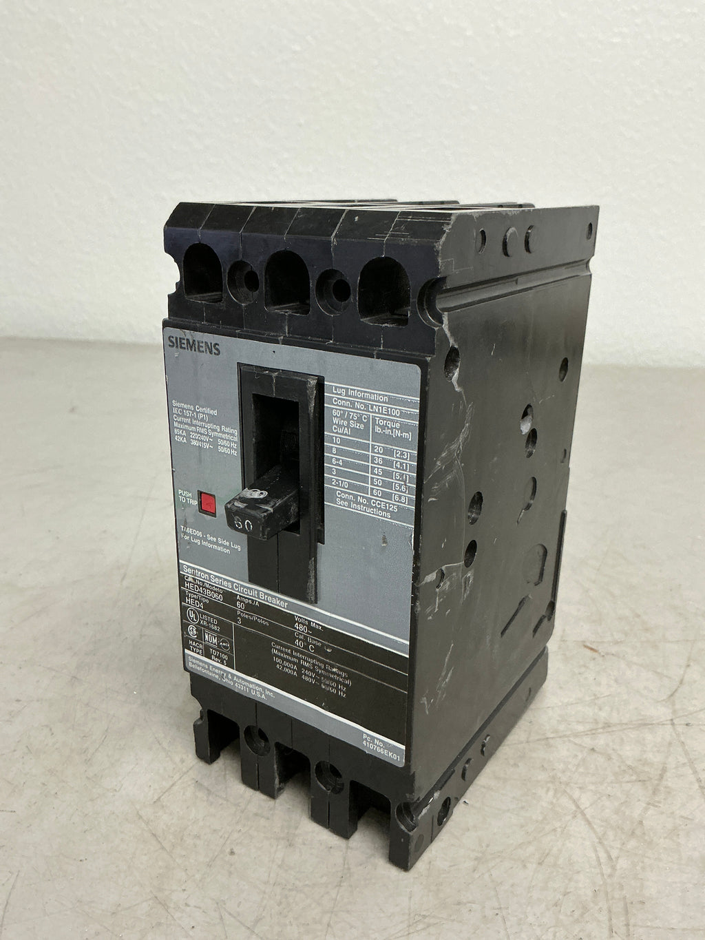 Used Siemens HED43B060 3 Pole, 60 Amps, 480 Volts  Circuit breaker