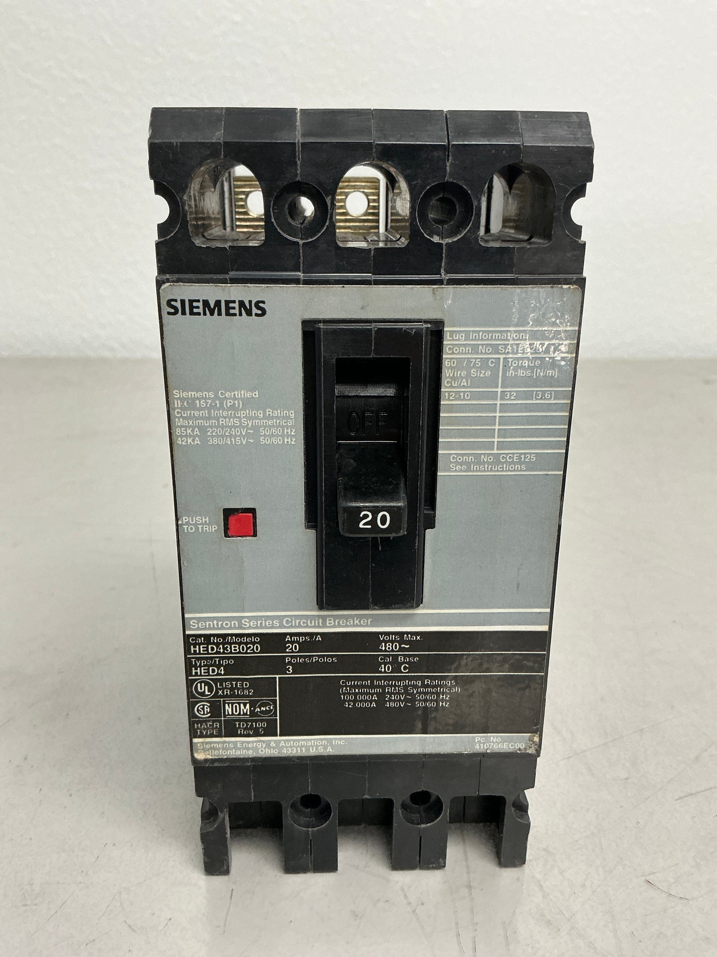 Used Siemens HED43B020 3 Pole, 20 Amps, 480 Volts