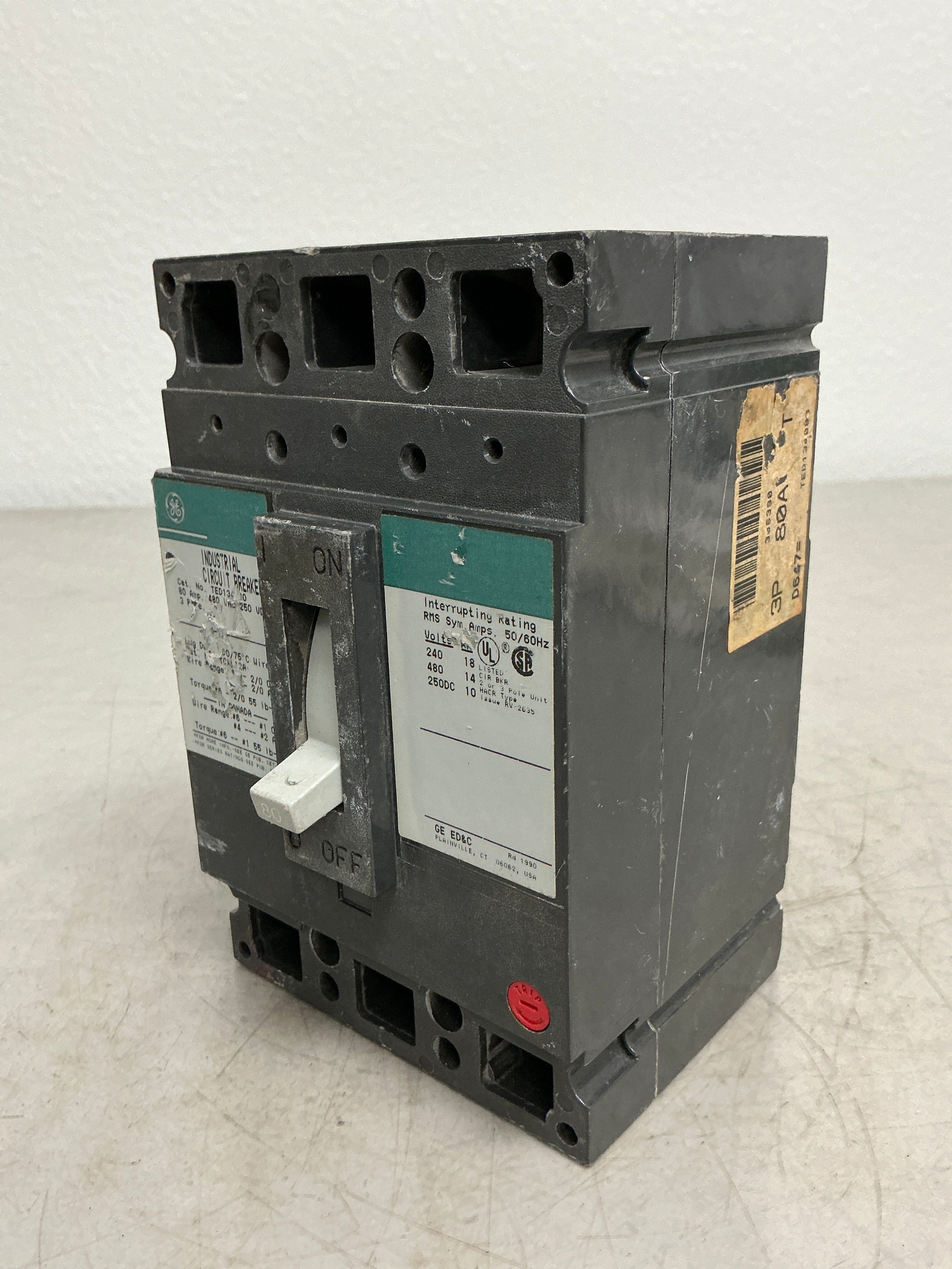 Used TED134080 3 Pole, 80 Amps, 480 Volts Circuit Breaker